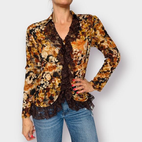Y2K Fashion Bug‎ Orange and Brown Lace Front Blouse - Picture 4 of 6